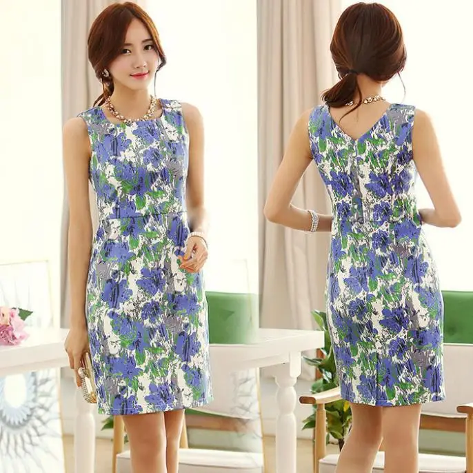 Free Shipping 2014 New Luxury Women Slim Blue and White Flower Print Pattern Satin Sleeveless Tank Dresses S-XL | Женская одежда