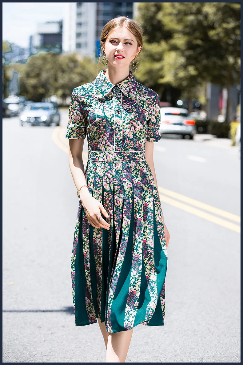 2019 Spring Summer Women short Sleeve Floral Print Elegant Casual Dresses Vestidos Robe Femme floral lapel print pleated Dress (11)