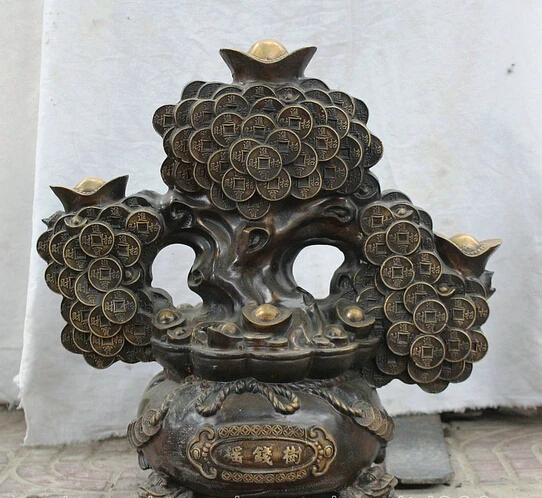 

wholesale factory 18" Big Old Chinese Feng Shui Bronze Money Bag Yuan Bao Coin Tree Wealth Statue