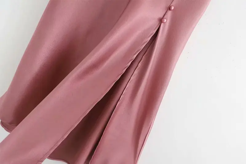 JuneLove, женские летние глянцевые атласные юбки-трубы, юбка с высокой талией, розовая пикантная юбка средней длины, раскол, металлический цвет, юбка для вечеринок, низ