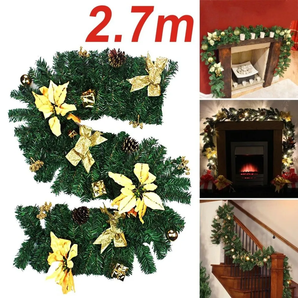 270cm Christmas Decorations Ornaments Xmas Tree Garland Rattan Home Wall Pine Hanging Green Artificial Wreath Fireplace#T