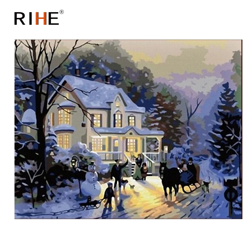 

RIHE Night Snow Villa Diy Painting By Numbers Abstract Bye Carriage Oil Painting On Canvas Cuadros Decoracion Acrylic Wall Art