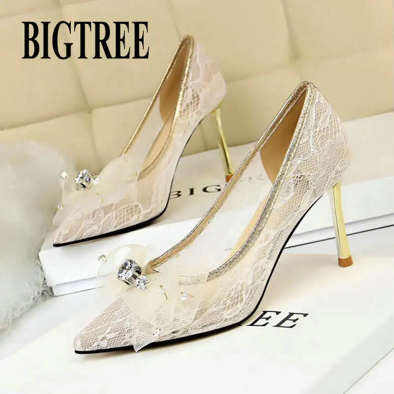 

BIGTREE 2019New Spring Metal with Stiletto High Heel Shallow Mouth Pointed Mesh Openwork Lace Rhinestone Bow Single Shoes Woman