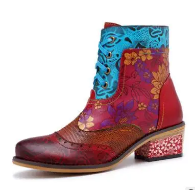 

2018 new casual women's shoes retro national leather lace-up printed women's boots cowboy boots women's boots