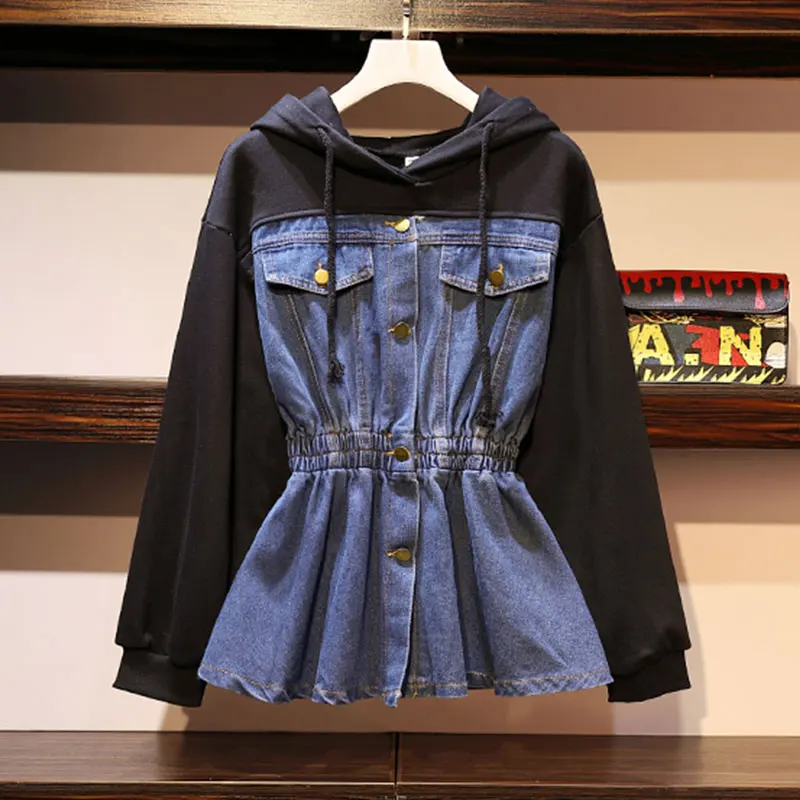 

2019 Oversized Women Coat Autumn New Style Elastic Waist Fashion Stitching Denim Jacket Female Long Sleeve Hooded Slim Coat 366