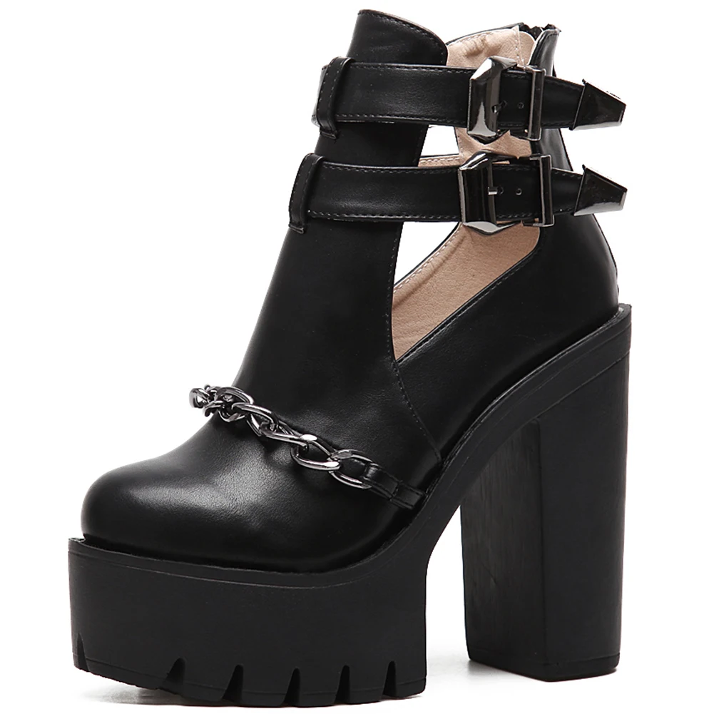 Фирменный дизайн; красивые летние ботинки на платформе; женская обувь; обувь черного цвета на высоком массивном каблуке с пряжкой; женские ботинки - Цвет: Черный