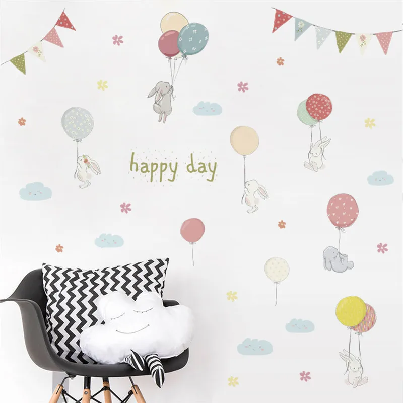 Счастливый День мультфильм кролик цветок воздушные шары флаг наклейка на стену для детской комнаты Наклейка на стену спальня гостиная День Рождения Декор