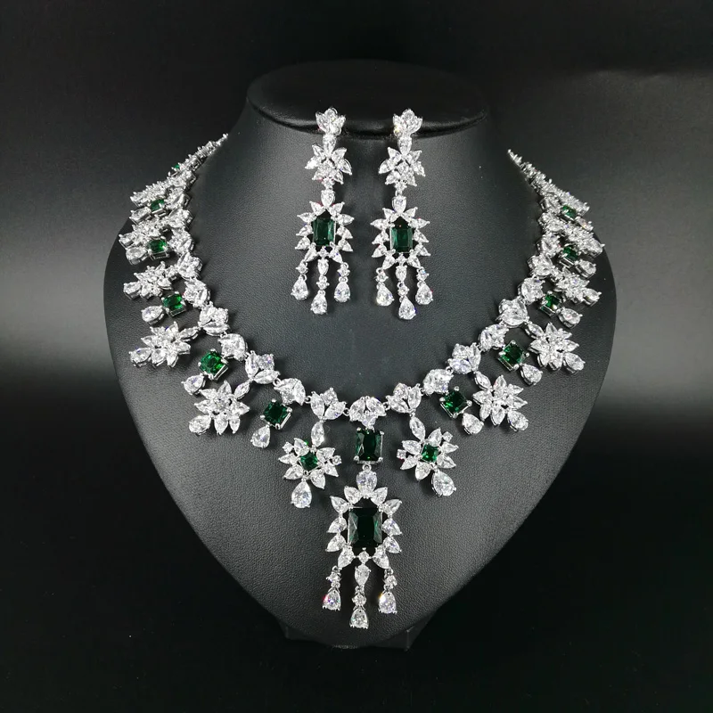 

2019 new fashion luxury elegant green flower cubic zirconia necklace earring set,wedding bride dinner party formal jewelry set