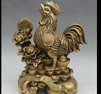 

zhmui88002570<+13 Chinese Folk Brass Wealth Zodiac Year Rooster Cock Yuan Bao Flower Statue