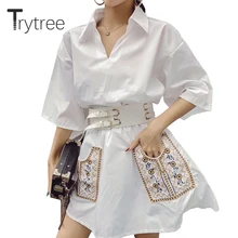 Trytree летнее платье с цветочной вышивкой и карманами, Повседневное платье с отложным воротником и поясом, свободные женские платья, белое уличное мини-платье