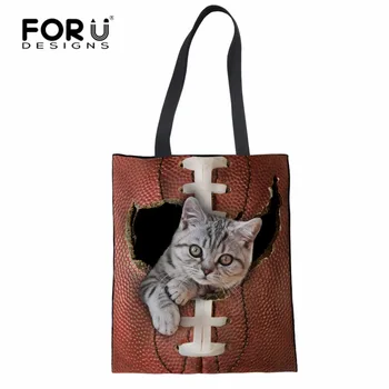 

FORUDESIGNS Eco Reusable Shopping Bags Cotton Line Grocery Packing Recyclable Bag Cat Design Lightweight Tote Handbag Fashion