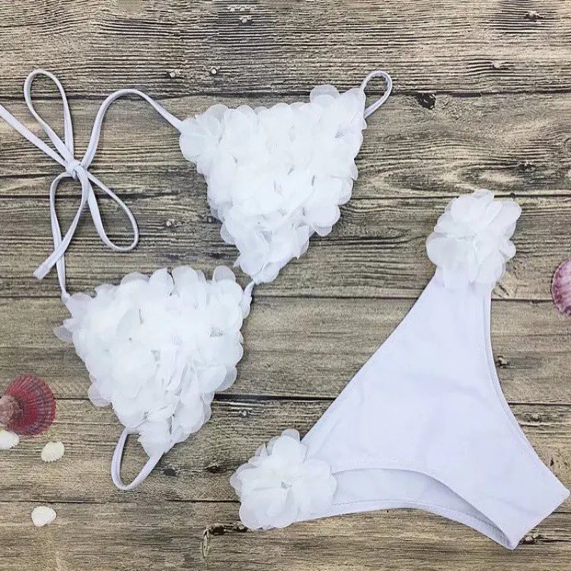 

Women's Breathable Comfortable Two-Piece Swimsuit Swimwear Sexy Hanging Neck Petal 3D Flower Bikini Set Beachwear Swimsuit