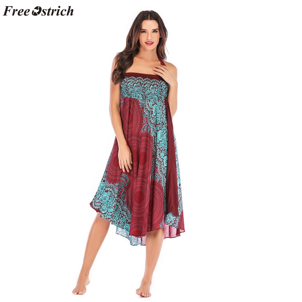 

FREE OSTRICH Ethnic style women's hippie bohemian gypsy bohemian flower elastic waist flower backless beach dress plain two wear