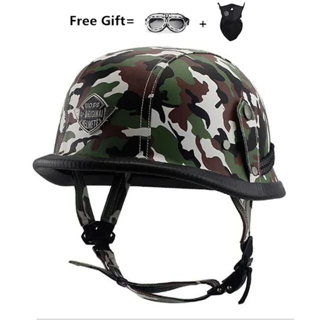 Motorcycle Helmet German Leather Style Pilot Motorcycle Open Face Retro Half Helmet Cruise Chopper Biker Pilot DOT S green camouflage