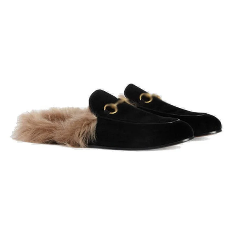 

Top Quality Luxury Brand Leather Female Slippers Black Suede Women Shoes Flat Half Wool Shoes Slippers Winter Real Fur Slippers