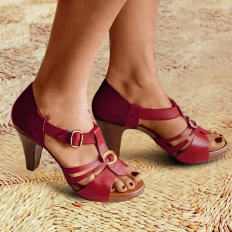 

Summer Vintage Chunky Heel Sandals 2019 Rome Ankle Strap Peep Toe Women Pumps Elegant Solid Buckle Dress Party Female Shoes