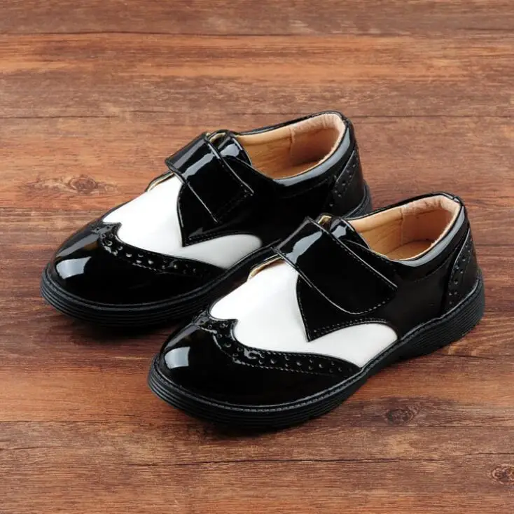 New Boys and girls British fashion Kids shoes Black and white flower girl students evening performance PU children's shoes