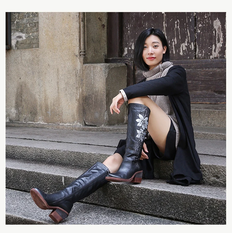 VALLU/ г., женские сапоги до колена винтажные женские сапоги ручной работы из натуральной кожи на высоком квадратном каблуке с боковой молнией