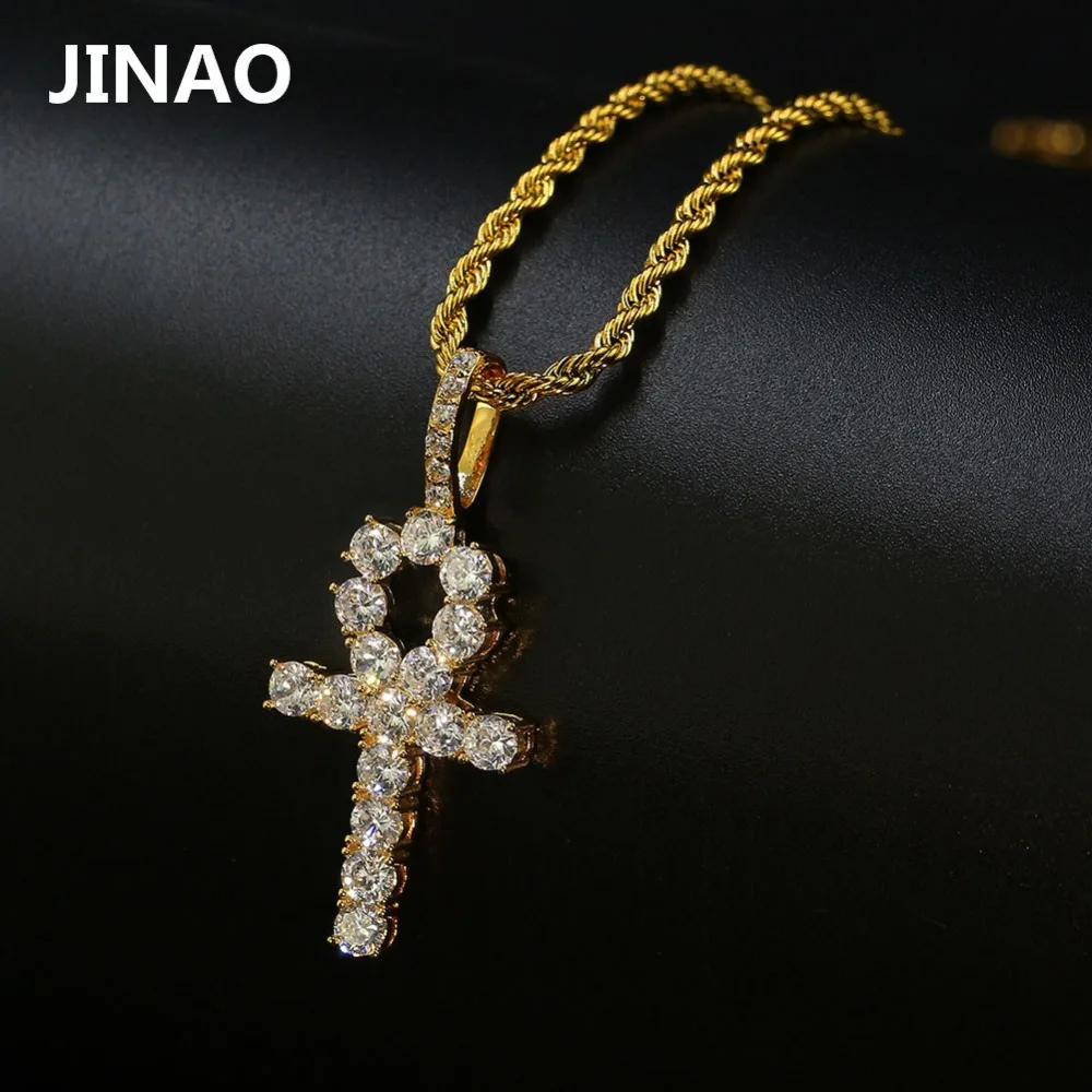 

JINAO Hip Hop Ankh Cross Pendant Necklace Micro Pave CZ Stones Egyptian Style Prayer Necklace & Pendants For Men & Women 24"