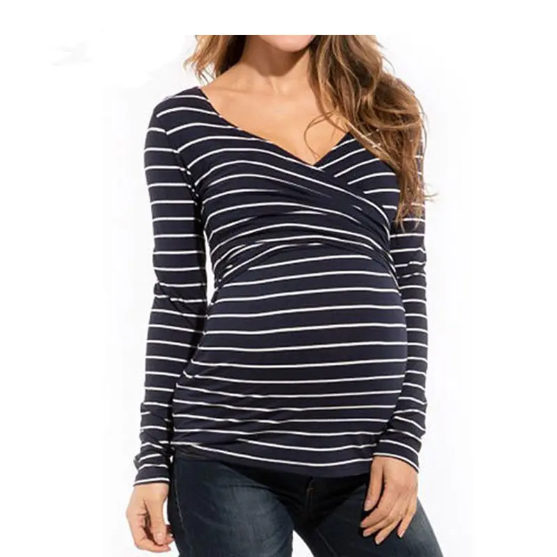 

Envsoll Spring New Breastfeeding Tops Tees Navy Striped V-Neck Long Sleeve Nursing Top Breastfeeding Clothing for Pregnant Women
