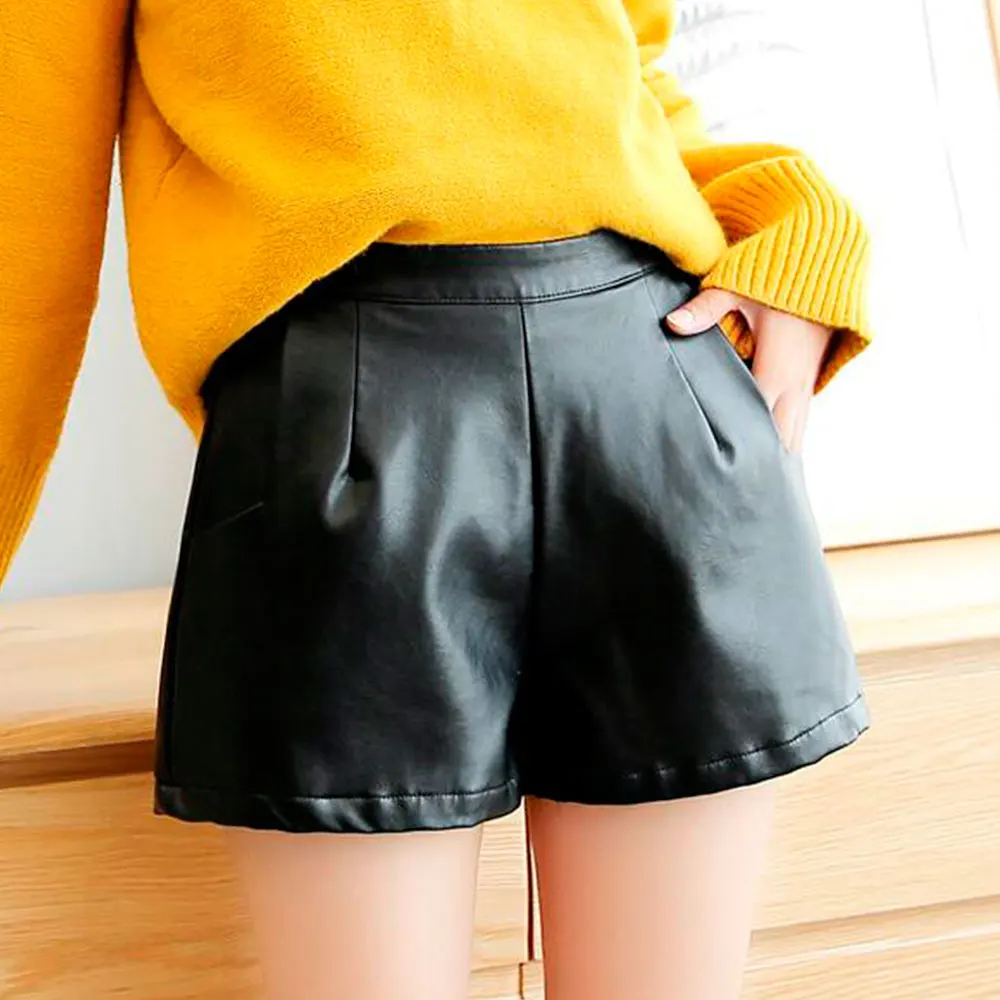 

New Arrival Women Wide Leg PU Faux Leather Shorts Ladies Black High Quality Casual Loose Short Pants With Pockets Plus Size