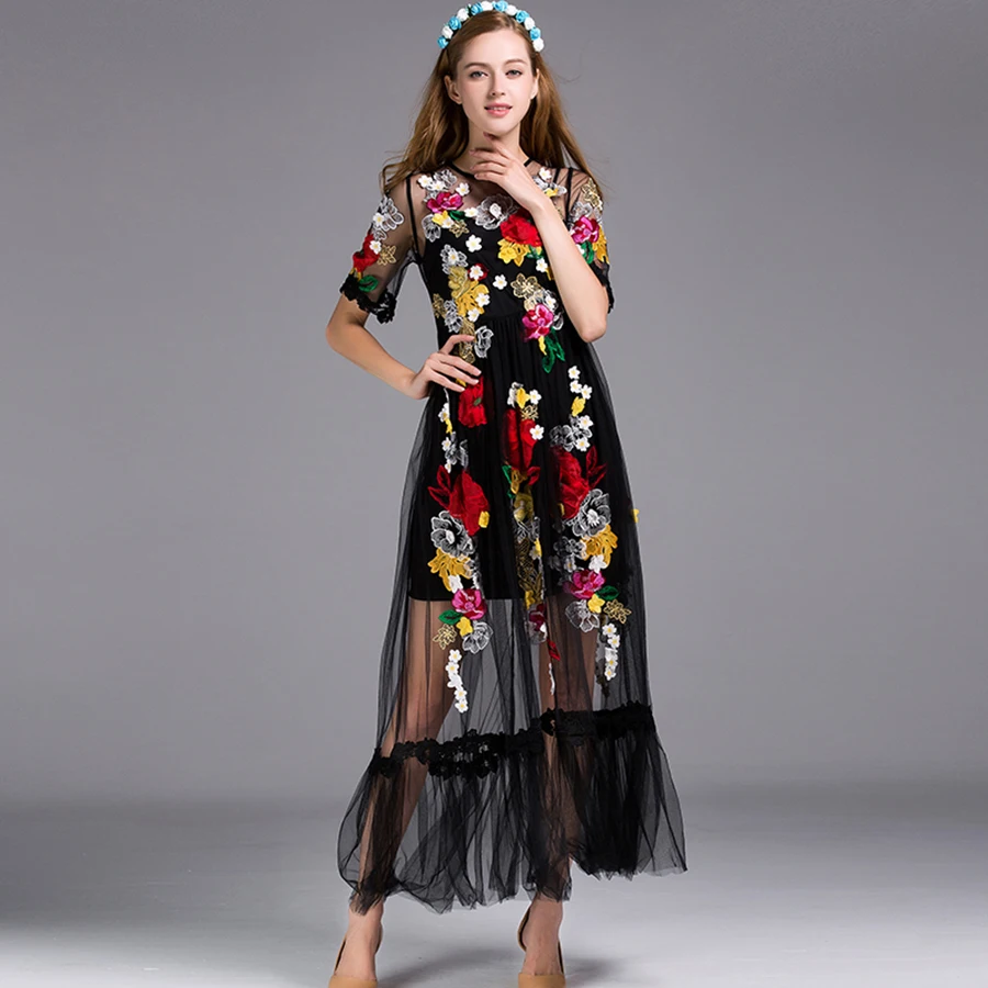 

Luxury Dress New 2019 Summer Fashion Street Vintage Flower Embroidery With Sling Slim Women Mesh Black Elegant Long Dress