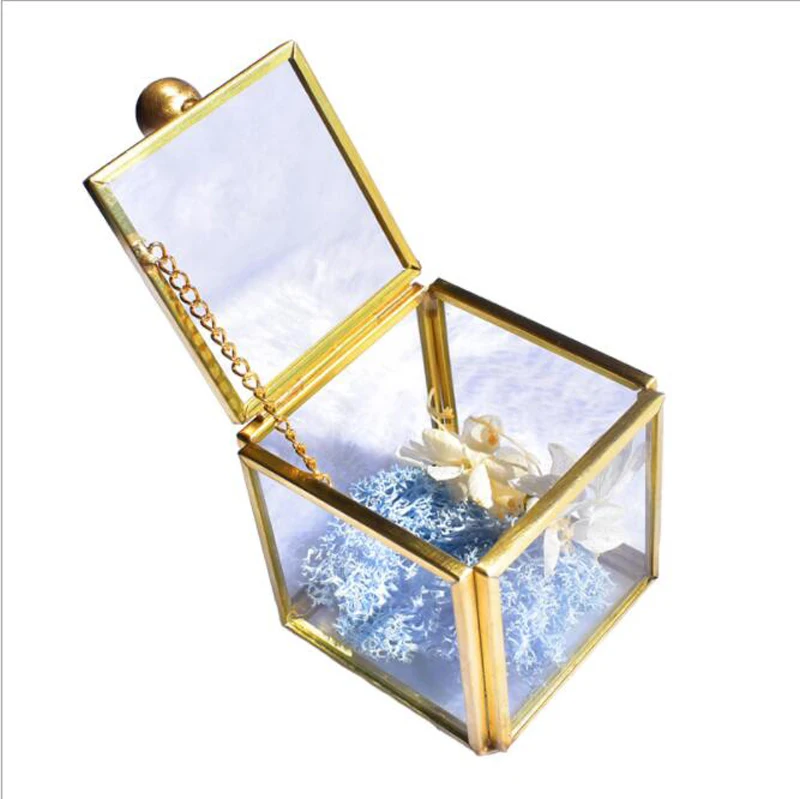 Креативный Золотой квадратный кольцевой ящик стеклянная шкатулка для украшений геометрический медный держатель кольца цветок комната кольцо дисплей свадебное оформление коробки