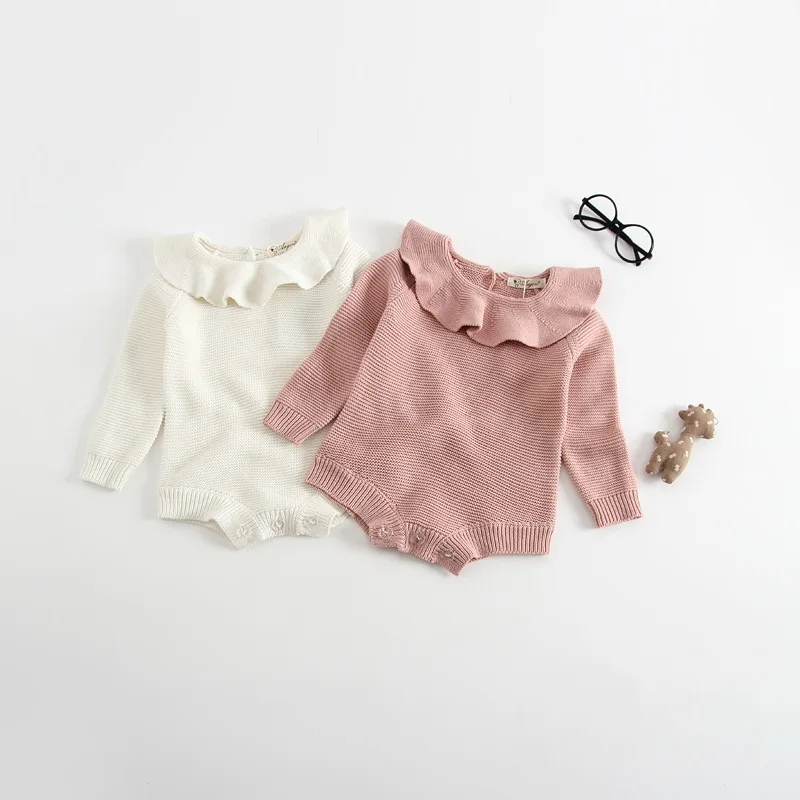 

Cute infant baby girls ruffles romper Peter pan collar knitted jumpsuit baby toddler Sweater overalls autumn winter clothes