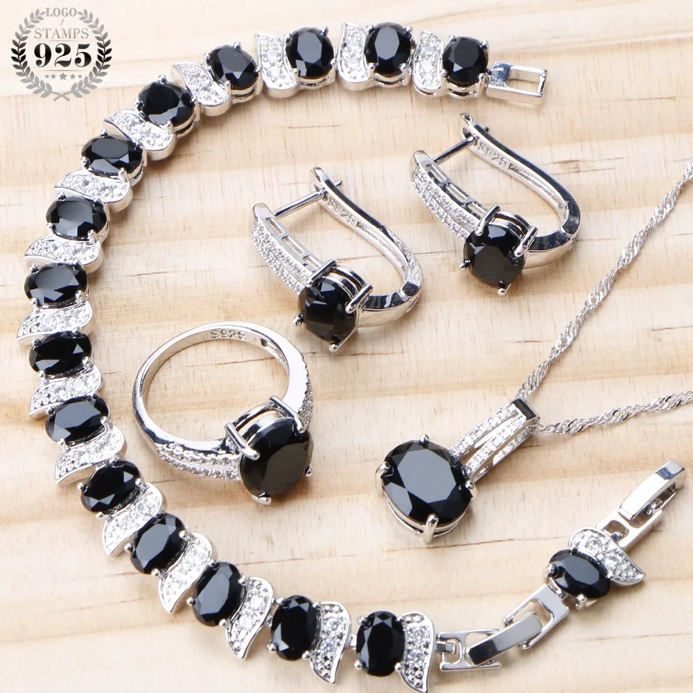 Bridal Silver 925 Jewelry Sets For Women Black Earrings Wedding Costume Jewelry Zircon Rings Bracelet Necklace Set Gifts Box