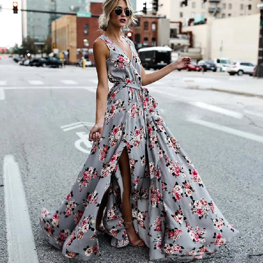 

Summer Autumn Maxi vintage Dress 2018 new Women Floral Print Strap Boho Dress V-Neck Sleeveless Side Split Sexy Long Loose Dress