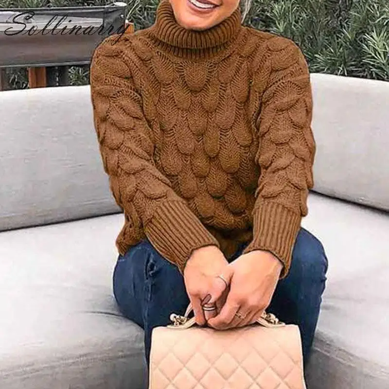 

Sollinarry Turtle Neck Knitted Solid Women Solid Sweaters Pullovers Casual Autumn Winter Sweater Jumper Female 3 Colors Sweater