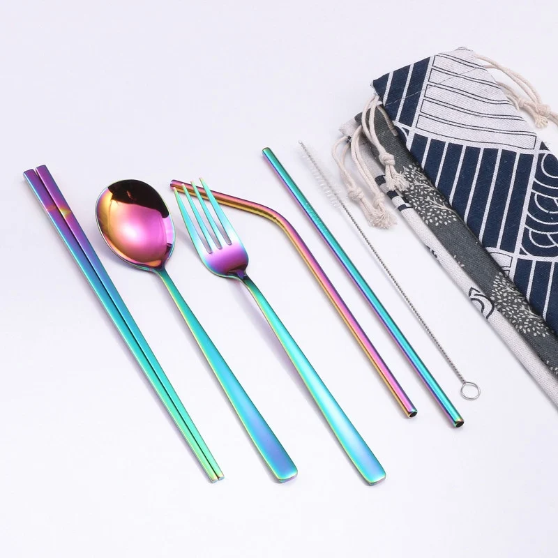

6pcs Titanium-plated Environmentally Friendly Portable Tableware Straw Set Corrosion Resistant Durable Decorative Tableware