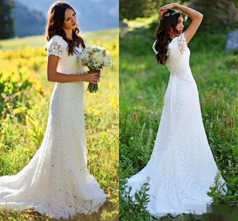 

Vintage Crochet Lace Country Bohemian Wedding Dresses with Beaded Belt 2018 Cap Sleeve Full length Outdoor Garden Bridal Gowns
