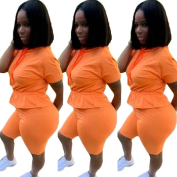 

New Arrival Casual Solid Color Short Sleeve Corset Waist Hooded Top With Shorts Women Two Piece Suits