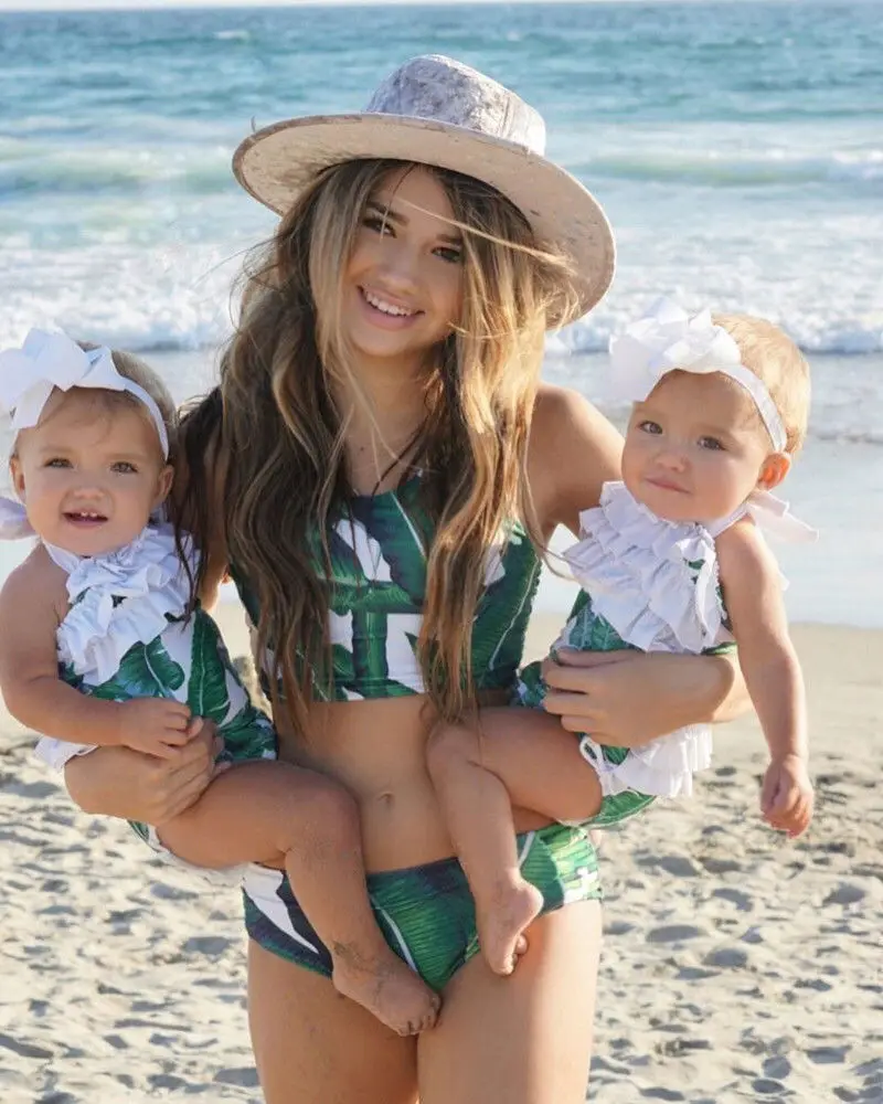 Family Matching Clothes Swimwear Women Kids Baby Girl Palm Swimsuit Tankini Bikini Set + Hat | Спорт и развлечения