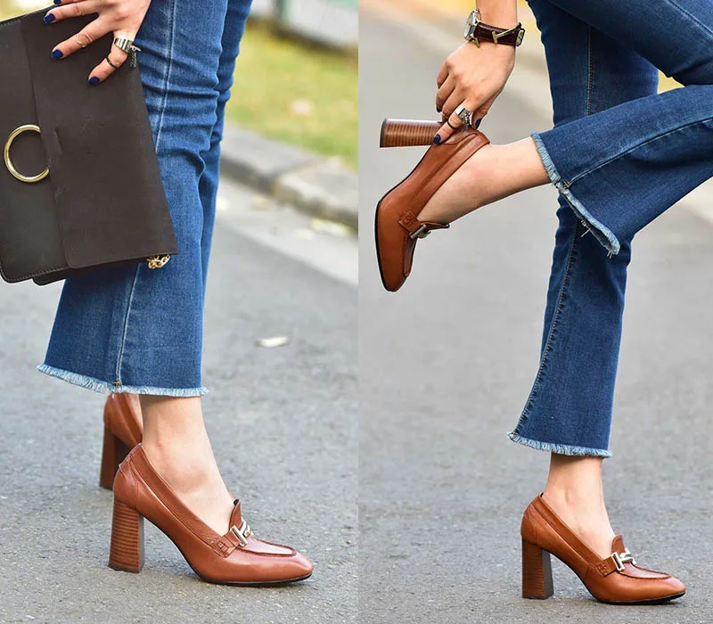 Офисные женские туфли из натуральной кожи на высоком квадратном каблуке; Женская обувь в итальянском винтажном стиле с пряжкой; слипоны; лоферы; вечерние туфли-лодочки; цвет коричневый, черный