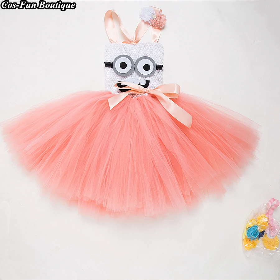 

Minions Cartoon Cosplay Birthday Costume Cute Tutu dress Orange Pink Baby Toddler Party Halloween Costume With Flower Headband