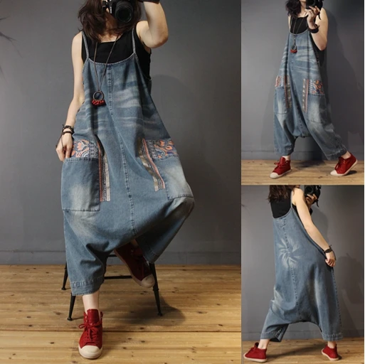 

Spring Summer Women Europe Style Casual Loose Plus Size Vintage Suspender Strap All-match CrossPants Denim Overalls