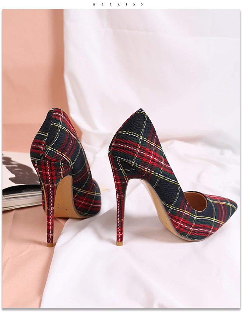 Pumps Heels Red Pointed Plaid Shoes