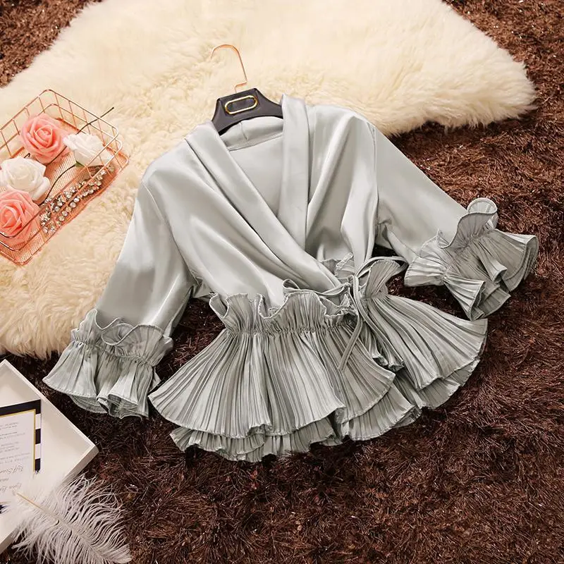 

2019 Spring Summer Female Deep V-neck Ruffles Chiffon Shirts Women Three Quarter Butterfly Sleeve Lace Up Bandage Blouse Tops