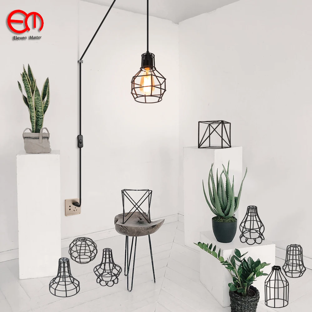

Length 500cm modern cage pendant light EU plug iron retro loft pyramid pendant lamp metal Hanging Lamp E27 Indoor ZDD0011