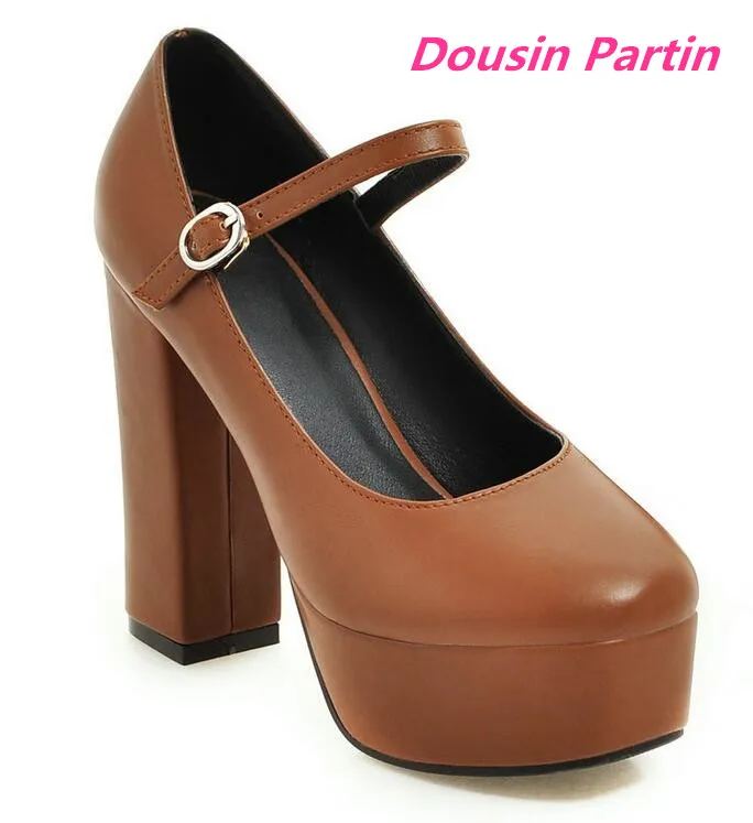 Dousin Partin 2019 여성 펌프 Pu 가죽 패션 여성 신발, 우아한 스퀘어 힐, 스퀘어 토 버클, 숙녀 웨딩 펌프스