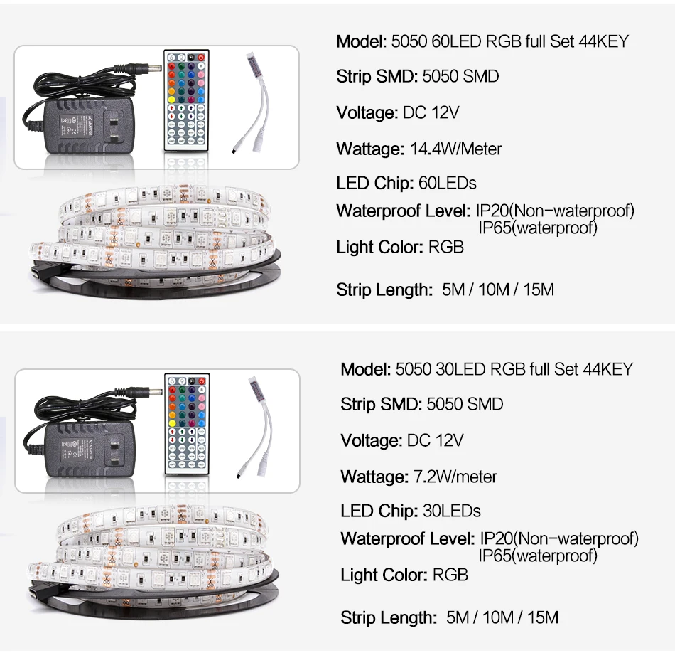 Светодиодный светильник DC 12 В RGB SMD 2835 5050 44Key с дистанционным питанием 5 м 10 м 15 м полный комплект водонепроницаемый гибкий диодный ленточный светильник ing