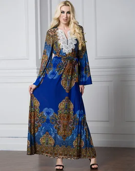 

Women Summer Beach Dress V Neck Long Sleeve Plus Size 7XL Multicolor Printed Boho Dress Blue Long Maxi Dress Vestido Longo