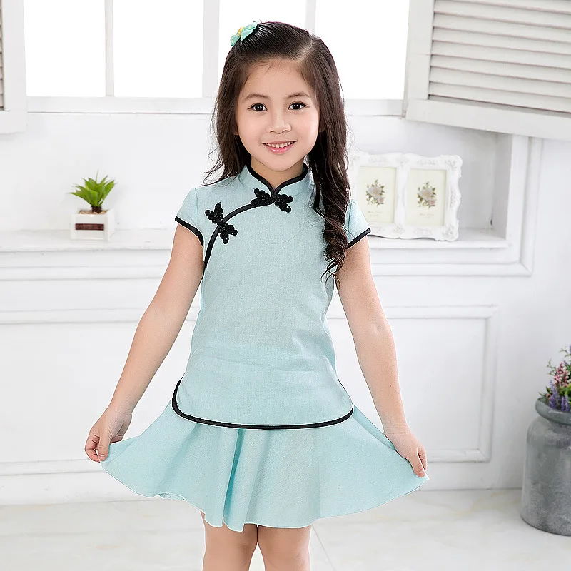 Китайский Комплект из топа и юбки в стиле Ципао для маленьких девочек