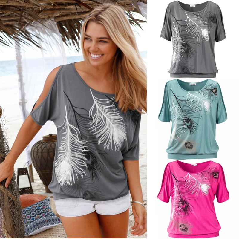 Slit-Sleeve-Cold-Shoulder-Feather-Print-Women-Casual-Summer-T-Shirt-Girl-2016-Tee-Tshirt-Loose (4)
