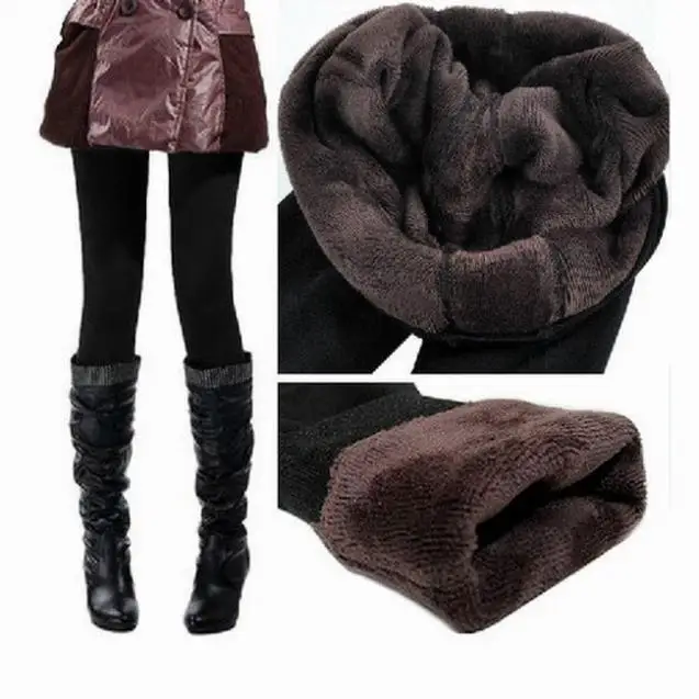 Осень зима женские толстые теплые флисовые с меховой подкладкой облегающие зауженные брюки черные WADL-1302