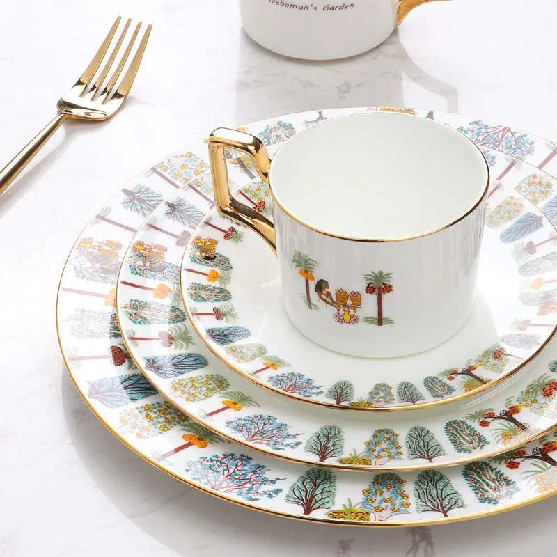 Египетская стенная роспись в Британском музее, дизайнерские керамические обеденные тарелки, модель блюда, кофейная чашка, набор посуды с золотым краем - Цвет: One set