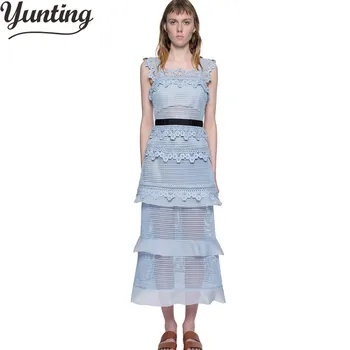 

Brand Self Portrait Style 2018 New Tops Lace Mesh Patchwork Runway Dresses Women Sexy Backless Mid-calf Dress