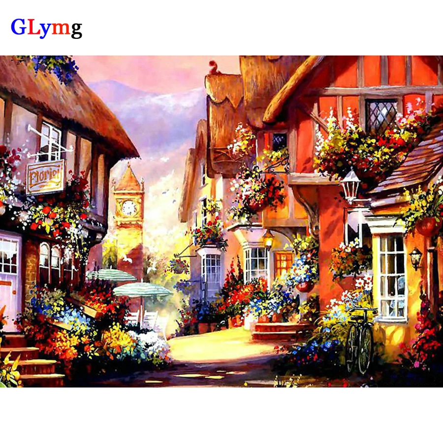 GLymg Embroidery Handicrafts House castle Villa view Diamond Painting Cross Stitch Full Round Drill European Home Decor Picture